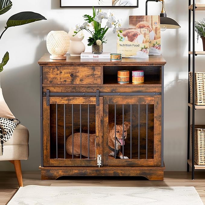 NicBex Dog Crate Furniture, 35.4" L Dog Crates for Large Dogs, Large Dog Crate with Sliding Doors, Wooden Dog Kennel Indoor Large Dog House with Drawers Pet Crate, Rustic Brown