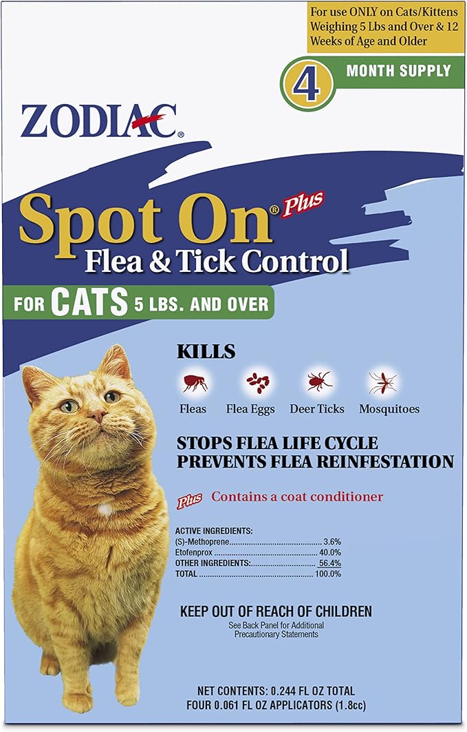 Zodiac Spot On Plus Flea & Tick Control for Cats 5 lbs and Over 4 Pack