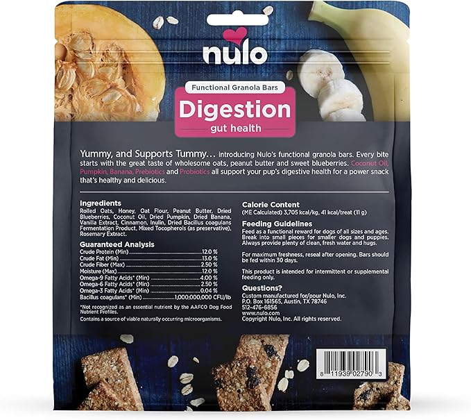 Nulo Functional Granola Bars, Healthy Dog Treats, Oven Baked, Made with Prebiotics and Probiotics, Contains No Added Salt, Sugar, or Molasses, 10 Ounce Bag