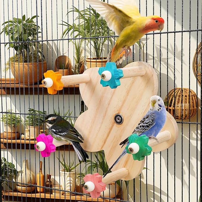 Wooden Parrots Ferris Wheel Toy with Perches, Bird Toy Rotating Perch Toy, Hanging Bird Stand Cage Accessories for Parakeet Parrot, Cockatiel, Budgerigar,Conure, Lovebirds