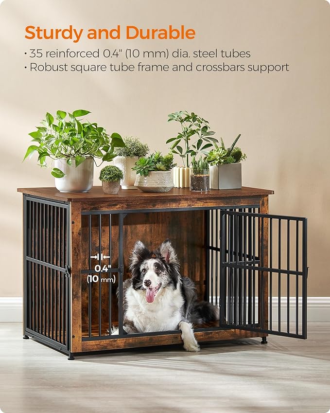 Feandrea Dog Crate Furniture, Side End Table, Modern Kennel for Dogs Indoor up to 70 lb, Heavy-Duty Dog Cage with Enclosed Base, Double-Door Dog House, Rustic Brown UPFC023X01