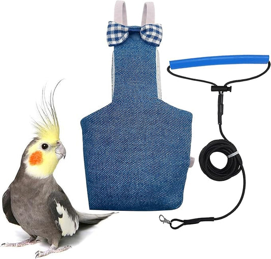 Bird Diaper Harness Flight Suit Clothes with 80 Inch Flying Leash Rope for Parrots Conure Cockatiel Pet Birds Weight 80-105 Grams, M Size Denim, Including A Cotton Pad