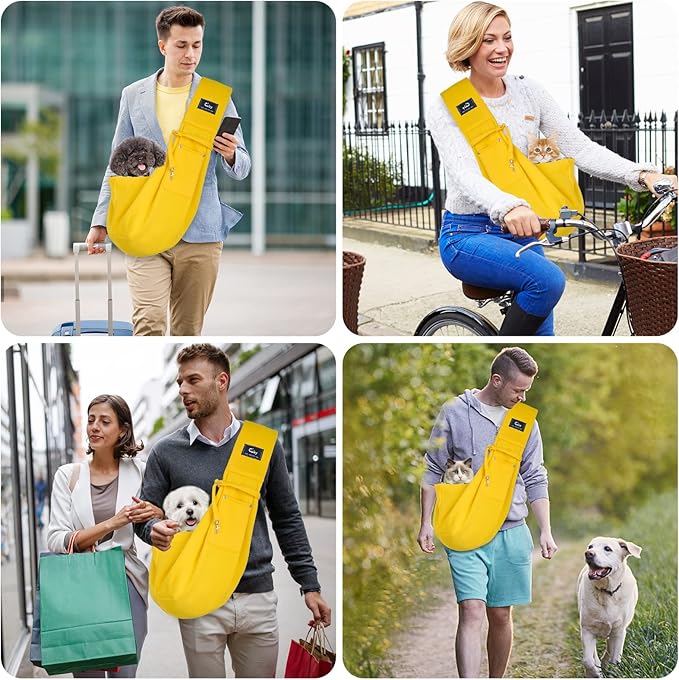 CUBY Dog and Cat Sling Carrier - Hands Free Reversible Pet Papoose Bag - Soft Pouch and Tote Design - Suitable for Puppy, Small Dogs Cats Outdoor (Yellow, Unadjustable strap)