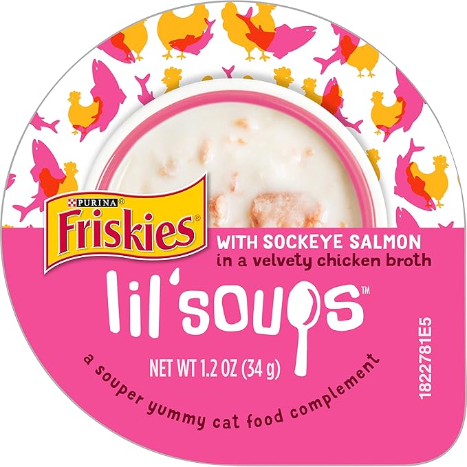 Purina Friskies Natural, Grain Free Wet Cat Food Lickable Cat Treats, Lil' Soups With Sockeye Salmon in Chicken Broth - (Pack of 8) 1.2 oz. Cups