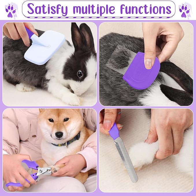 8 Pcs Small Animal Pink Grooming Kit, Rabbit Grooming Kit with Pet Nail Clipper and File, Flea Comb, Pet Shampoo Bath Brush , Pet Shedding Slicker Brush, Bath Massage Glove, Cleaning Comb