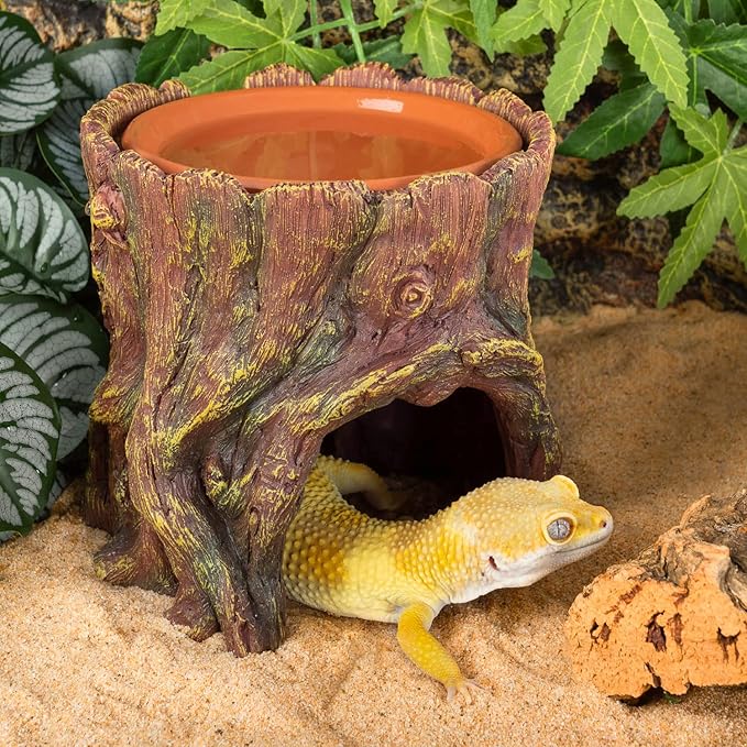 REPTIZOO Reptile Hide Cave Resin Moisture Keeping Reptile Cave with Clay Water Basin Humidifying Help Shedding for Reptile Amphibians Leopard Gecko