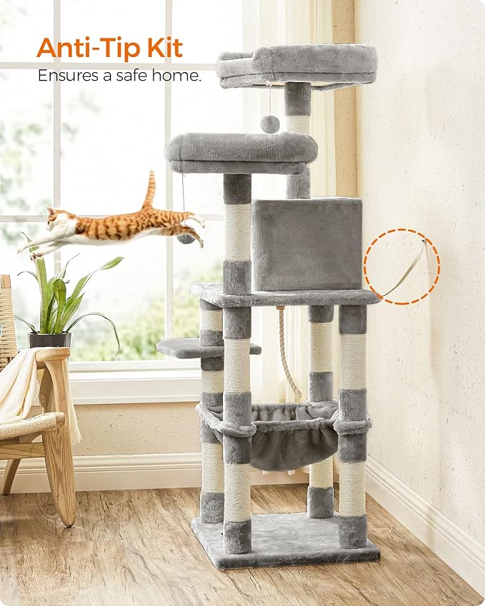 FEANDREA Cat Tree, Cat Tower for Indoor Cats, 56.3-Inch Cat Condo with Scratching Posts, Hammock, Plush Perch, Light Gray UPCT15W