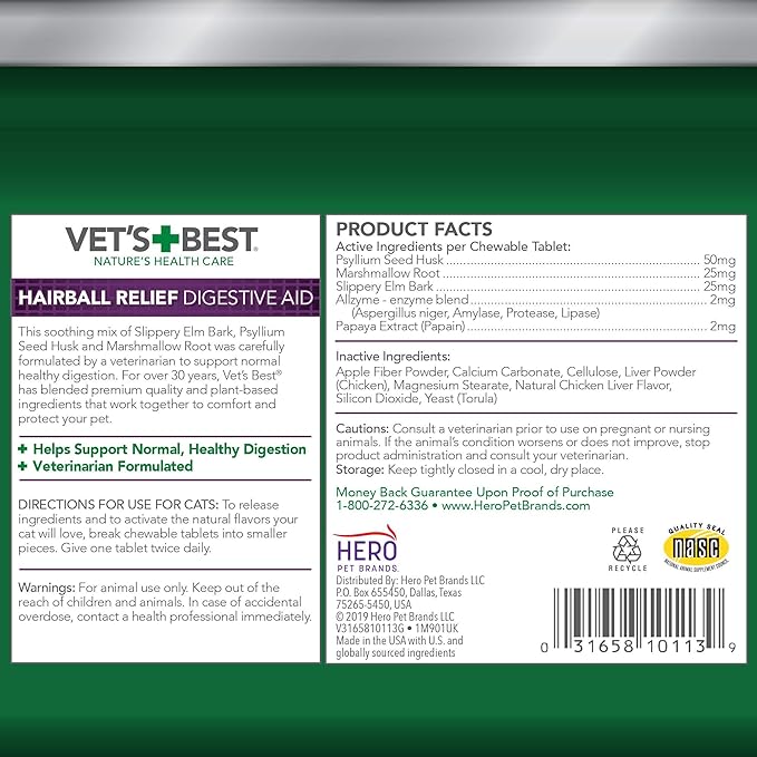 Vet’s Best Cat Hairball Relief Digestive Aid – Vet Formulated Hairball Support Remedy – Classic Chicken Flavor – 180 Chewable Tablets