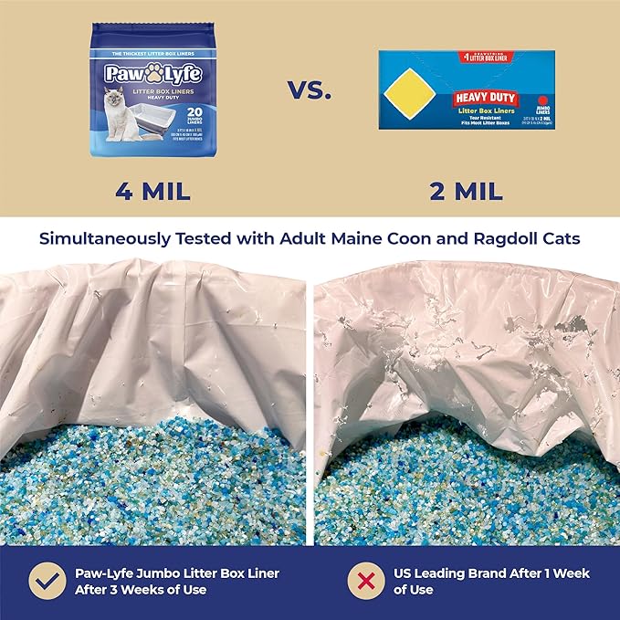 PawLyfe Litter Box Liners: Heavy Duty - Thickest Litter Liner on the Market 4MIL - Tear & Leak Resistant - Drawstring Close - Jumbo, 36” x 18” - 20 Count Jumbo Size Draw String Litter Liners for Cats