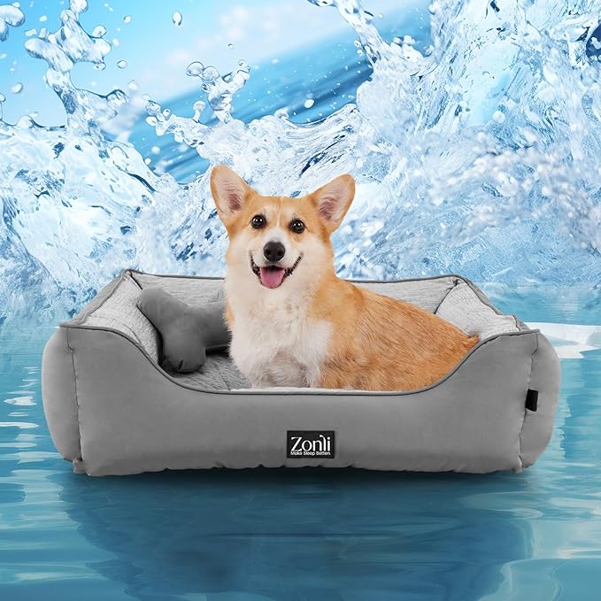 ZonLi Cooling Dog Bed, Dog Bed for Medium Dogs, Dog Cooling Bed with Bolsters Waterproof, for Dogs Up to 30 lbs, Pet Bed with Washable Cover, Non-Slip Bottom, without Gel, Arctic Grey