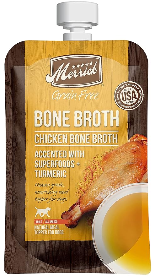 Merrick Grain Free Bone Broth Natural Meal Topper for Dogs, Accented with Superfoods & Cinnamon, for Adult Dogs of All Breeds Chicken, 7 Ounce,(Pack of 3)