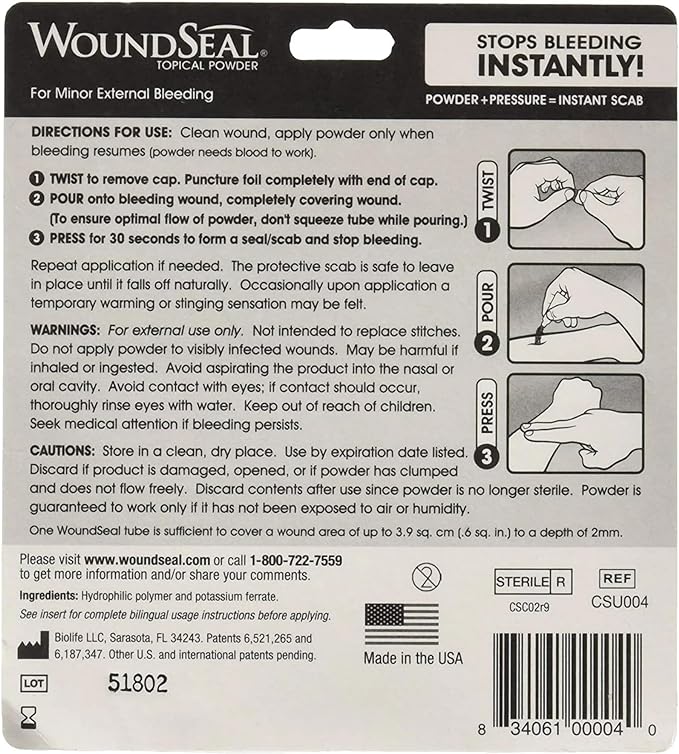 WoundSeal Powder 4 Each (Pack of 2) - Wound Care First Aid for Cuts, Scrapes and Abrasions - Stops Bleeding in Seconds Without Stitches or Bandages - Safe and Effective for People of All Ages and Pets