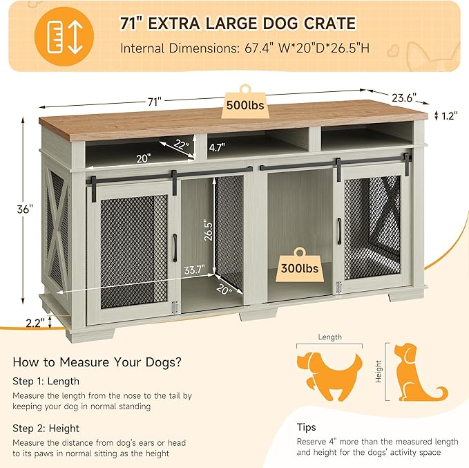 Dog Crate Furniture, 71" Heavy Duty Dog Kennel with 3 Storage Cubby for 2 Dogs, Versatile Dog House with Removable Divider and 2 Sliding Barn Door for Large Dog, White/Light Oak