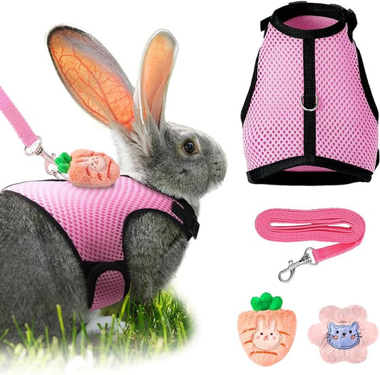 Rabbit Harness and Leash Set with 2 Cute Decorations Soft Adjustable Buckle Breathable Mesh Vest Harness for Rabbits Ferret Small Pig Puppy Walking Supplies (Pink,Cute Pattern)