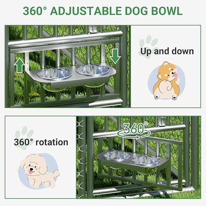 Outdoor Dog Kennel with Roof, Outside Dog Kennel Heavy Duty Dog Run Fence with Waterproof Sun-Proof Cover and 2 Stainless Steel Dog Bowl