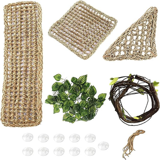 PINVNBY Bearded Dragon Hammock,Reptile Lizard Lounger Natural Seagrass Habitat Decoration Reptiles Tank Accessories Jungle Climber Vines Flexible Leaves Climbing Decor for Gecko Chameleon Snakes