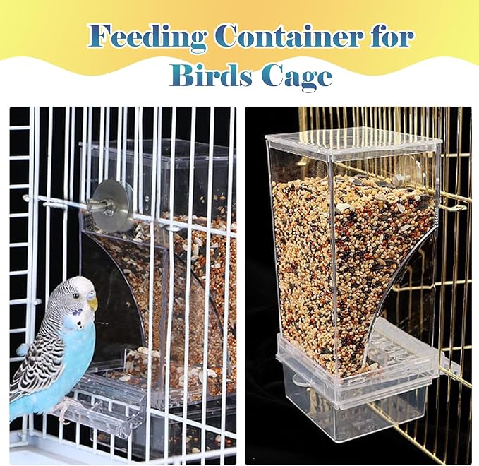 kathson No Mess Bird Feeder Water Dispenser Set,Automatic Parakeet Feeders Drinker Cage Acrylic Parrot Seed Food Dispenser Container Accessories for Small Lovebirds Canary Budgies Finch Squirrel(2Pcs)