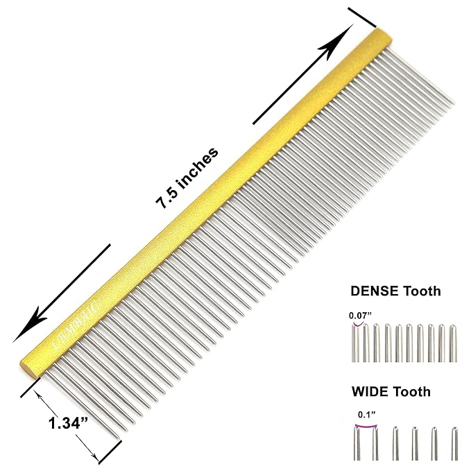 Professional Dog Grooming Comb For Shedding Tangles,Knots,Mats.Metal Dog Comb with Long and Wide Tooth Metal Comb for Long Hair Dogs and Cats.No Hurt Pets Skin.7.5INCHES.(Gold)-1PC