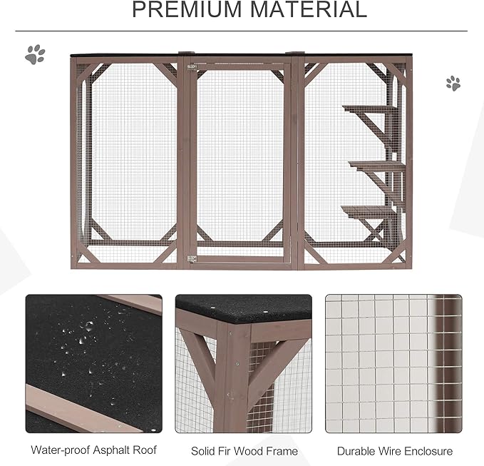 71 Inch Wooden Catio Outdoor Cat Enclosure, Kitty-House with Jumping Platforms & Weatherproof Asphalt Roof, Walk-in Kitty Kennel Condo Shelter