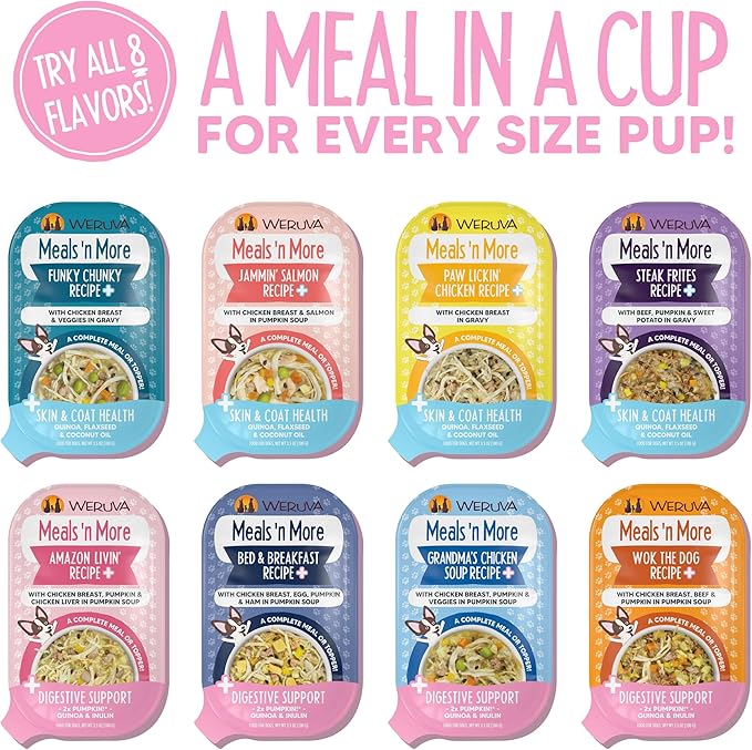 Weruva Meals 'n More Natural Wet Dog Food, Bed & Breakfast Plus Digestive Support, 3.5oz Cup (Pack of 12)