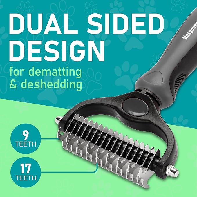 Maxpower Planet Pet Grooming Brush - Double Sided Shedding, Dematting Undercoat Rake for Dogs, Cats - Extra Wide Dog Grooming Brush, Dog Brush for Shedding, Cat Brush, Reduce Shedding by 95%, Grey