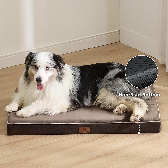 Bedsure Memory Foam Dog Bed for Large Dogs - Orthopedic Waterproof Dog Bed for Crate with Removable Washable Cover and Nonskid Bottom - Plush Flannel Fleece Top Pet Bed, Brown