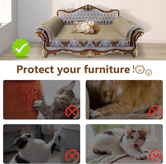 Luxury Cardboard Cat Scratcher Sofa Couch Bed, Couch Shaped Cat Scratching Board, Cat Scratch Lounge with Catnip, Cat Scratcher for Indoor Cats Grey