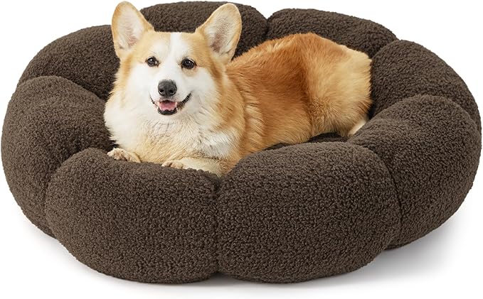 Lesure Calming Large Dog Bed - Flower Donut Round Fluffy Puppy Bed in Plush Teddy Sherpa, Non-Slip Cute Flower Dog Beds, Large Pet Bed Fits up to 100 lbs, Machine Washable, Espresso 36"