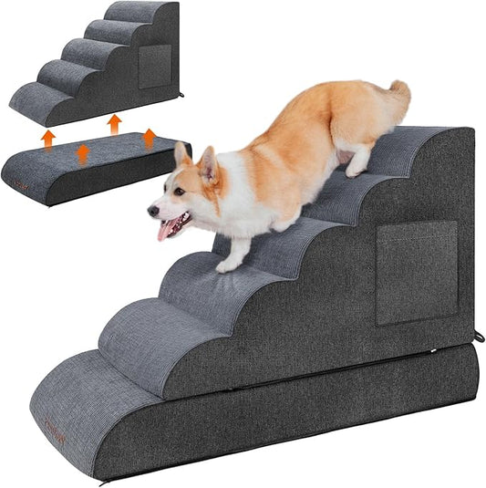 Dog Stairs for High Bed: Foam Pet Stairs for Dogs to Get on Bed Couch, 24" Tall Dog Steps for Small Dogs, Cat Stairs for Old Cats with Side Pockets, Detachable Dog Bed, 6 Tiers, Grey