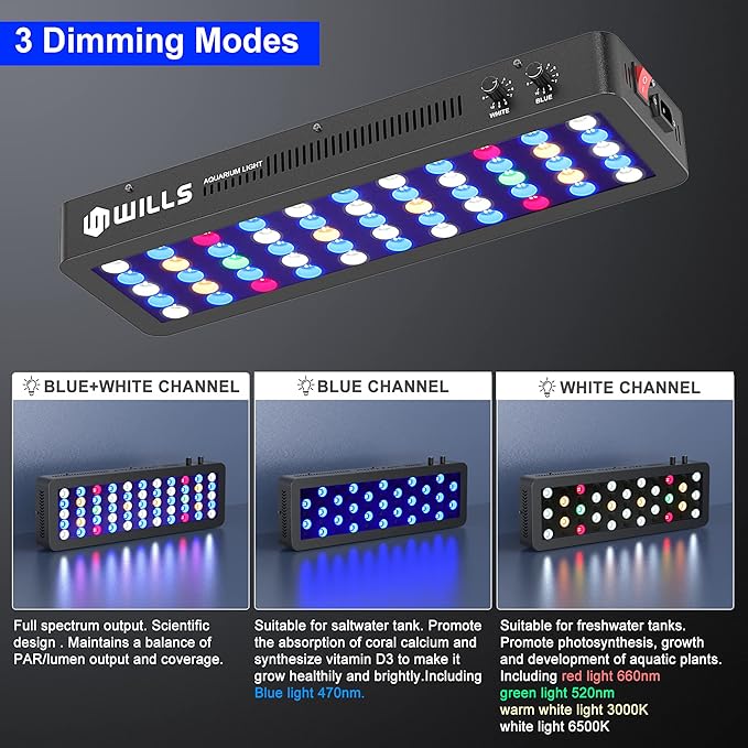 WILLS Aquarium Light, Dimmable Full Spectrum Fish Tank Light with 3 Dimming Modes & 55 Premium SMD Chips, 165W LED Aquarium Plant Light for Saltwater Freshwater Coral Reef (21.3"x6.7"x2.4")