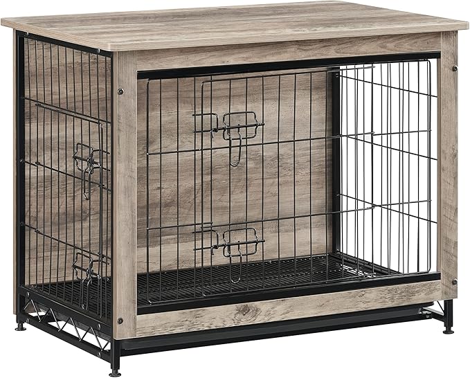 Feandrea Dog Crate Furniture, Side End Table, Modern Kennel for Dogs Indoor up to 45 lb, Heavy-Duty Dog Cage with Multi-Purpose Removable Tray, Double-Door Dog House, Greige UPFC002G01