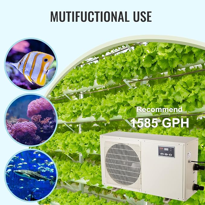 VEVOR Aquarium Chiller, 500 Gal 1892 L, 1.5 HP Hydroponic Water Chiller, Quiet Refrigeration Compressor for Seawater and Fresh Water, Fish Tank Cooling System, for Jellyfish, Coral Reef