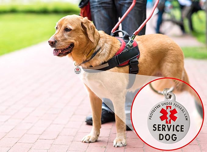 Service Dog Tag Double Sided Federal Protection with Red Medical Alert Symbol Pet ID Tags 1.25 inch. Easily attach to Collar Harness Vest Dog Service Tag