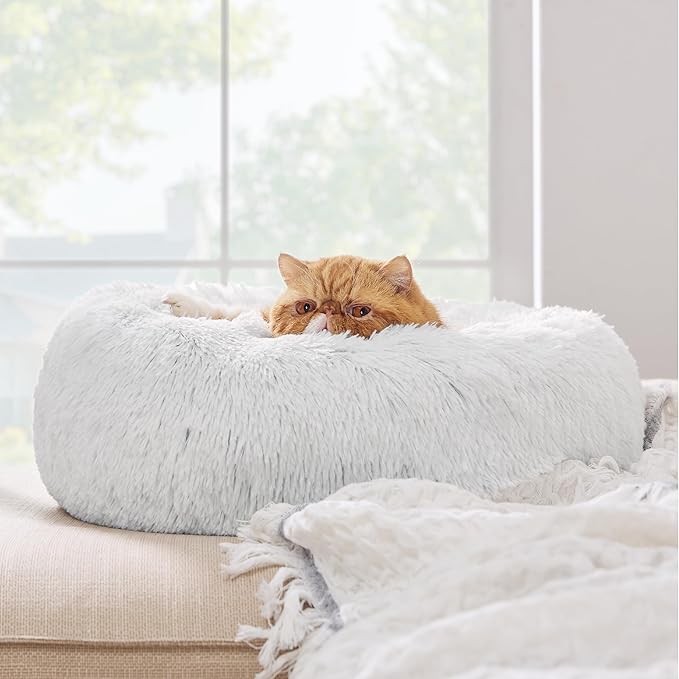 Bedsure Calming Cat Beds for Indoor Cats - Small Cat Bed Washable 20 inches, Anti Anxiety Round Fluffy Plush Faux Fur Pet Bed, Fits up to 15 lbs Pets, Frost Grey