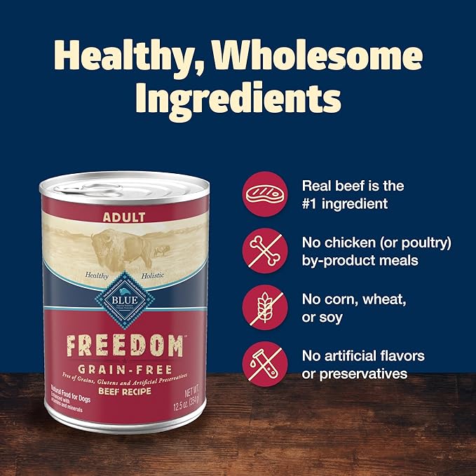 Blue Buffalo Freedom Grain-Free Wet Dog Food, Free of Glutens & Artificial Preservatives, Made With Natural Ingredients, Beef Recipe, 12.5-oz. Cans (12 Count)