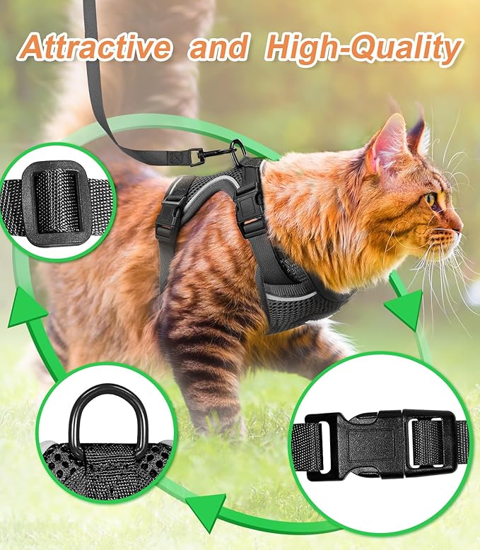 Cat Harness and Leash Set [ MAX Safety Third Generation ] Escape Proof Soft Adjustable Cat Leash Breathable Comfortable Vest Easy to Wear Kitten Harness for Outdoor Walking