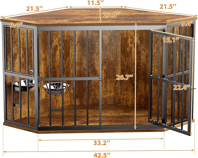 42 inch Furniture Dog Crate Corner, Dog Kennel Corner Wooden End Table with Bowl, Indoor Pet Crates Corner Side Table for Dogs, Wide Top Perfect for Limited Room