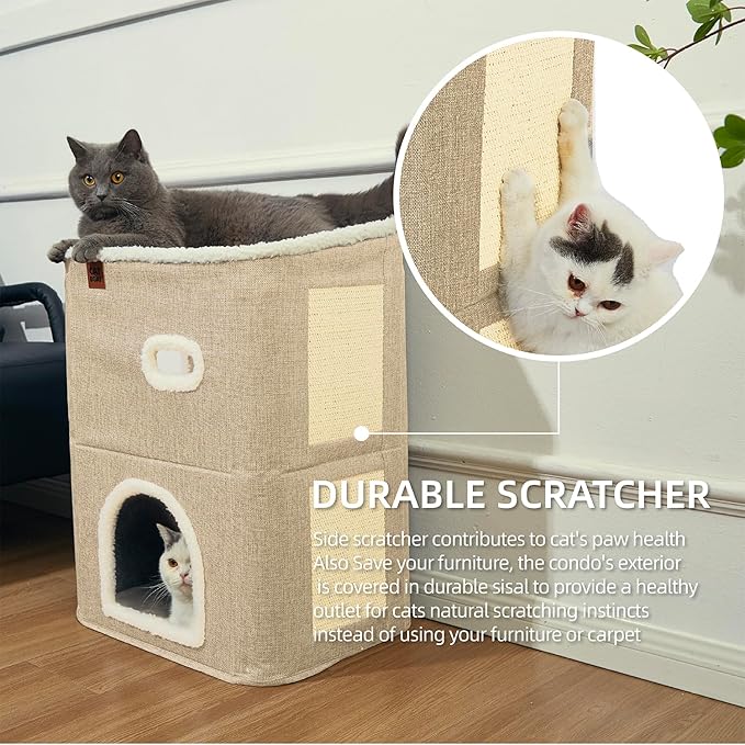 CATBOAT 2-Storey Cat House for Indoor Cats Bed, Covered Cat Beds & Furniture with Scratch Pad and Hideaway Cave, Cute Modern Cat Condo for Multi Small Pet Large Kitten Kitty, Brown