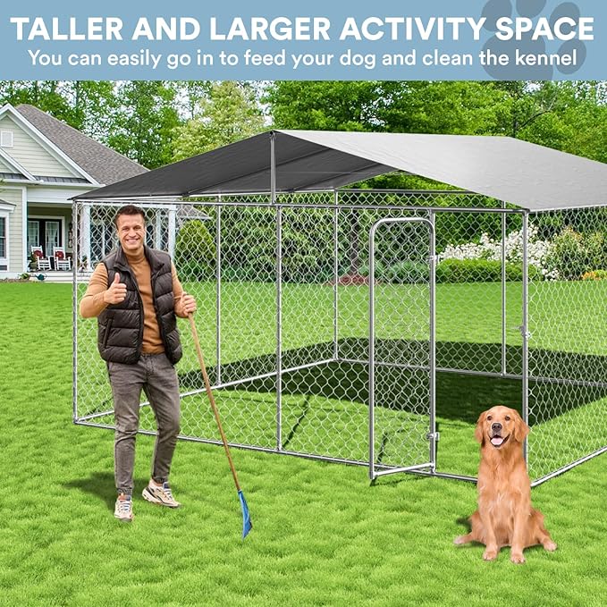 13'×13' Extra Large Outdoor Dog Kennel Dog Run Fence, Outside Dog Kennel with Roof, Heavy Duty Dog Playpen with Waterproof Sun-Proof Cover for Large Dogs