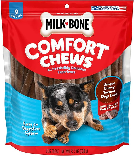 Milk-Bone Comfort Chews, Rawhide Free Dog Treats with Unique Chewy Texture and Real Beef, 9 Chews (Pack of 4), Easy on Digestive System