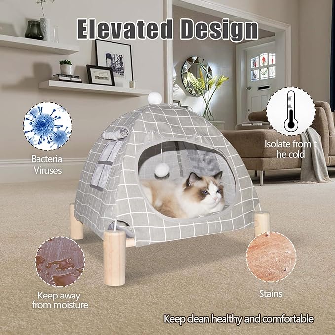 Pozico 2 in 1 Cat Bed Tent Wooden Frame Cat Teepee Cat Hammock, Quick Assembly and Disassembly, Portable Indoor/Outdoor Pet Dog Tent House for Cats Puppies Small Animals:Grey Grid Tent