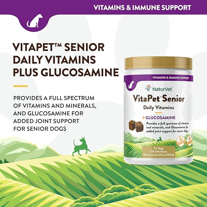 NaturVet VitaPet Senior Daily Vitamin Dog Supplements Plus Glucosamine – Includes Full-Spectrum Vitamins, Minerals – Joint Support for Older, Active Dogs – 120 Ct. Soft Chews