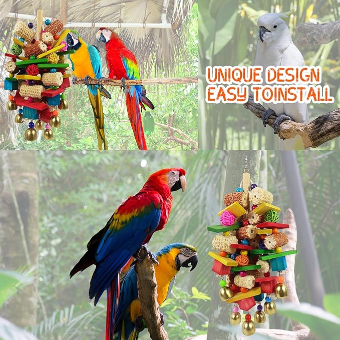 Bird Toys, Parrot Toys for Large Birds, Natural Peppered Wood African Grey Parrots, Macaws, Cockatoos, Amazon Parrot chew Toys, Aviary Hanging Toys