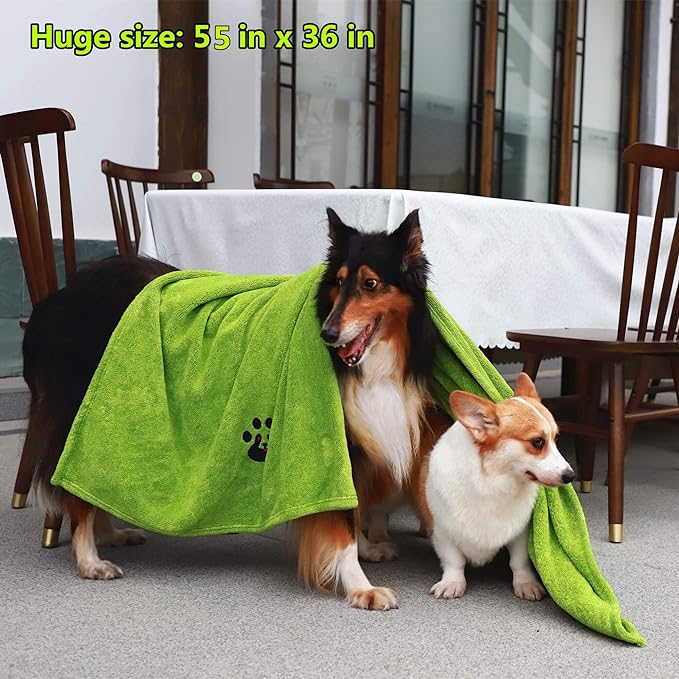 Extra Large Dog Towels for Drying Dogs - Pack of 2 - Super Absorbent Soft Microfiber Pet Bath Grooming Towel for Dogs and Cats & Other Pets (XL-55" * 36", Green and Brown)
