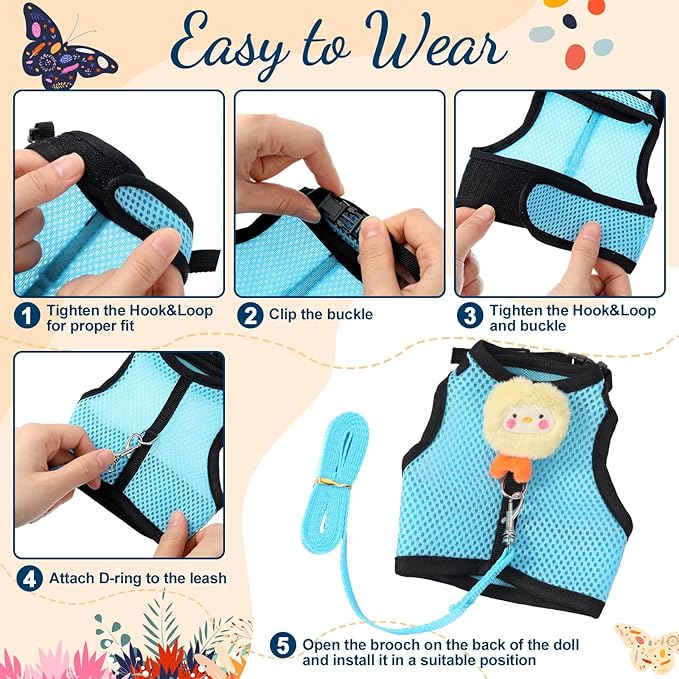 Rabbit Harness and Leash Set with 2 Cute Decorations Soft Adjustable Buckle Breathable Mesh Vest Harness for Rabbits Ferret Small Pig Puppy Walking Supplies (Light Blue,Lively Pattern)