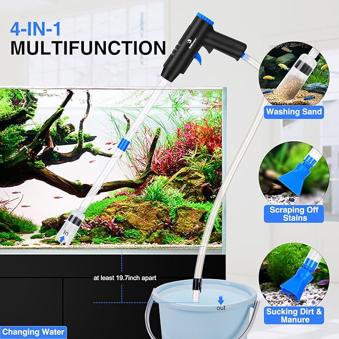 Aquarium Gravel Cleaner, Upgraded Flow Adjustable Fish Tank Cleaner with Air-Pressing Quick Start Button, Multi-Purpose Aquarium Siphon Vacuum Cleaner Kit for Sand Cleaner, Water Changer