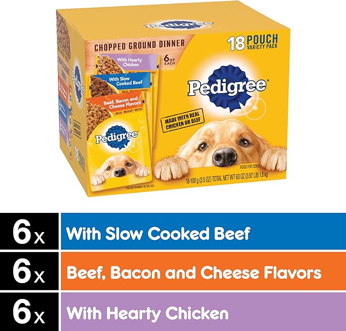 PEDIGREE CHOPPED GROUND DINNER Adult Soft Wet Dog Food Variety Pack, 3.5 Ounce (Pack of 18)