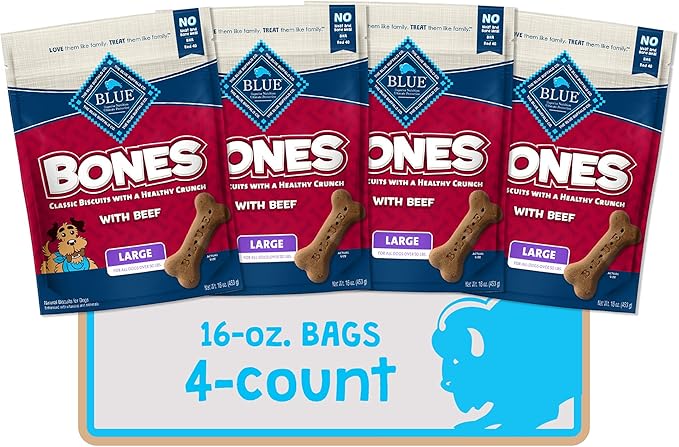 Blue Buffalo Bones Natural Crunchy Dog Treats, Large Dog Biscuits, Beef (16-oz bag, 4 count)