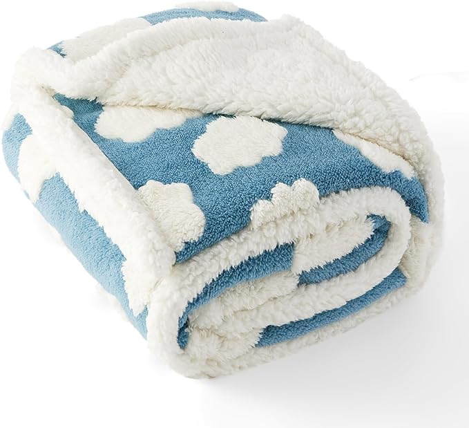 Lesure Waterproof Dog Blanket for Large Dogs - Washable Double Sided Dog Blankets with Warm Jacquard Shag and Soft Sherpa Fleece, Pet Cat Blanket for Couch Protection, 3D Textured Cloud, Blue