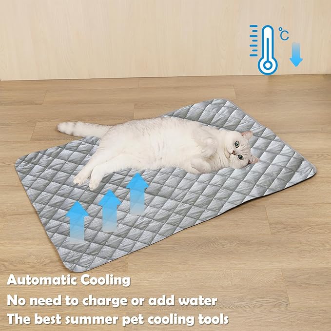 BAMY Cat Cooling Mat Summer Dog Silk Pad Self Cooling Cushion Washable Kitten Ice Blanket with Duck Strawberry Pattern (Grey, L (39.4"x27.6"))